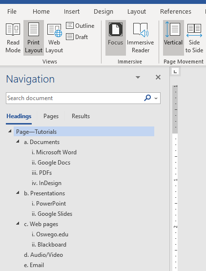 The open Navigation pane in Microsoft Word, showing the document&#039;s content in an outline format