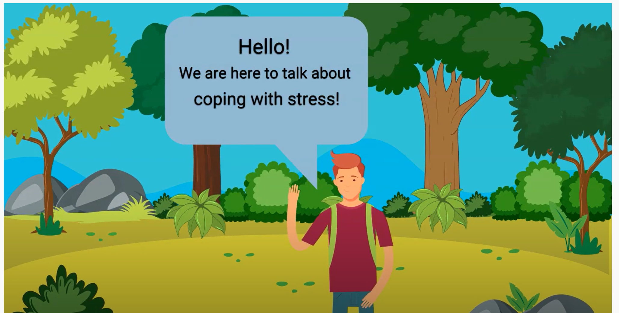 A student saying "Hello we are here to talk about coping with stress"