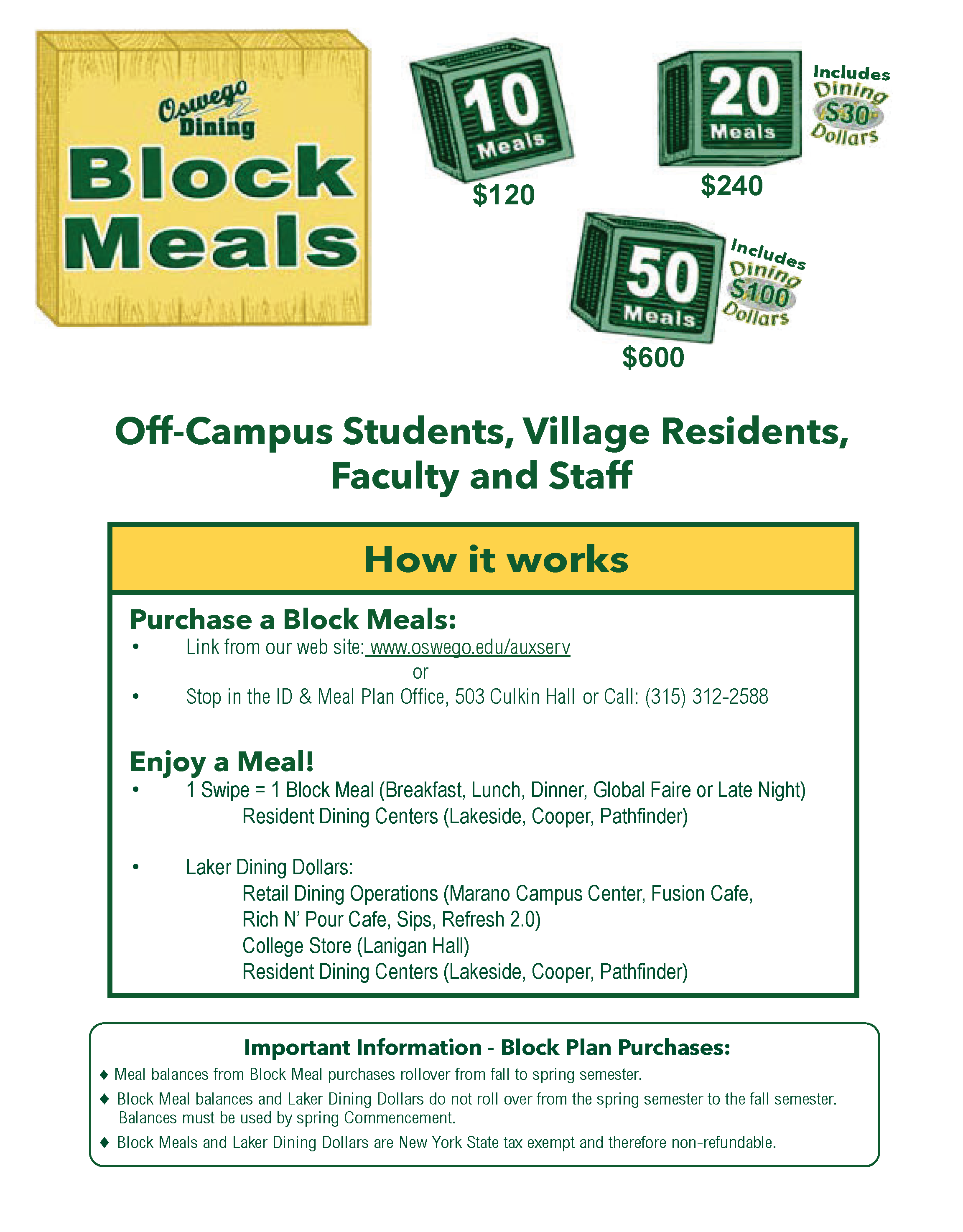 Block Meal Information for Fall 2023 and Spring 2024