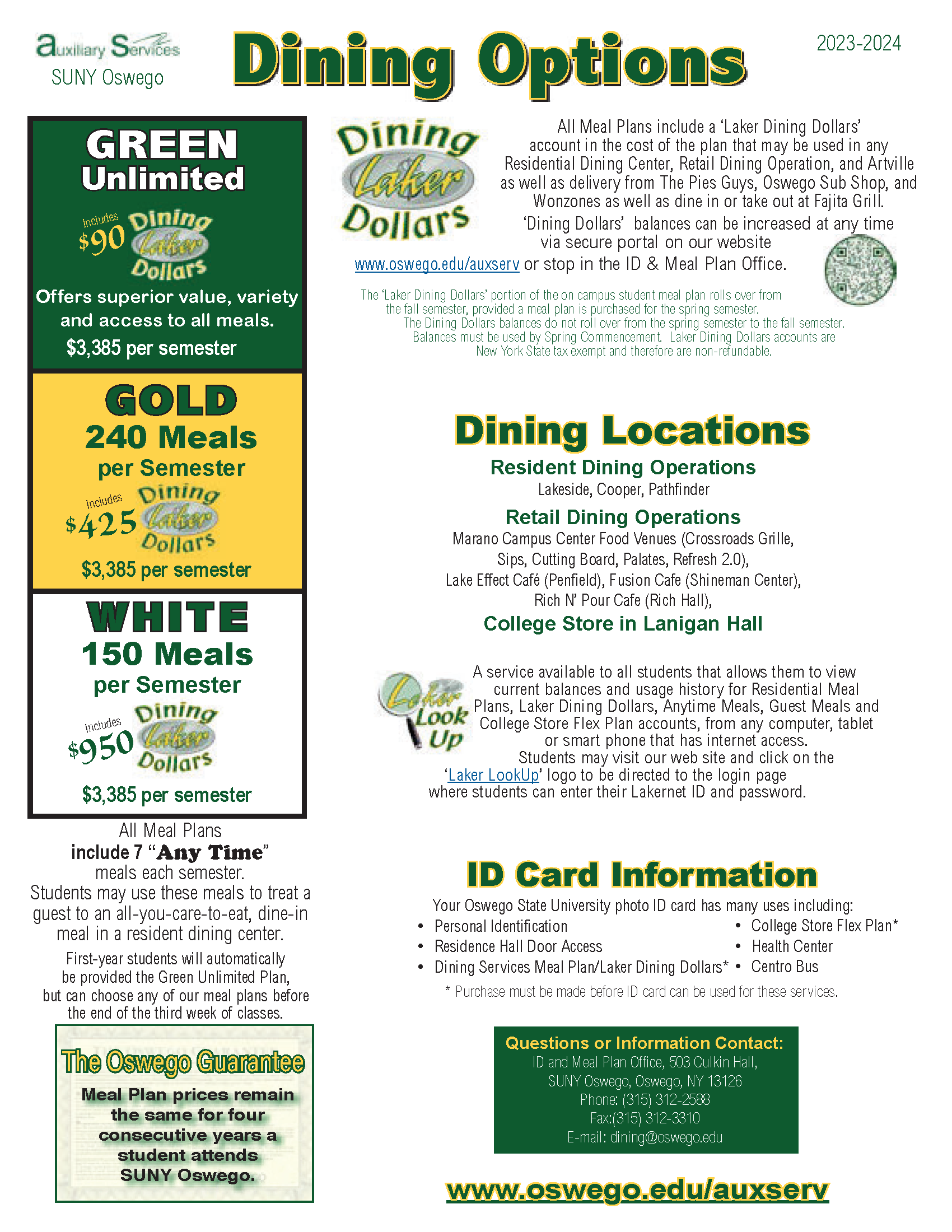 Resident Dining Meal Plan Options Fall 2023 and Spring 2024