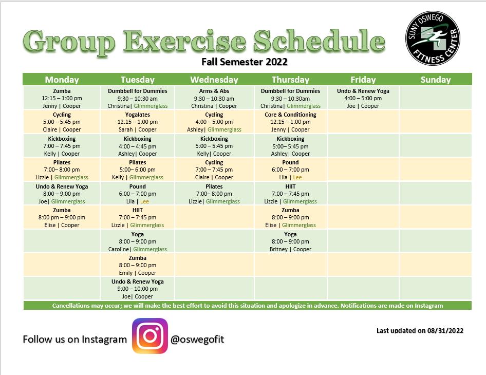 Fall 2022 Group Exercise Schedule Image