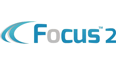 Focus 2 logo with two blue semi circles to the left of title