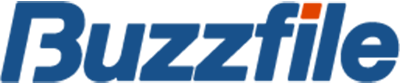 Buzzfile logo with blue words, red dot over "i"