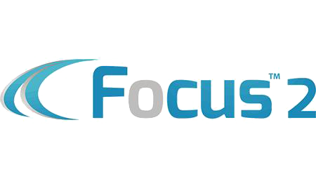 Focus 2 logo with two blue semi circles to the left of title