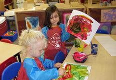 Children painting at the Children's Center Children painting