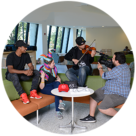 Students from art, music, theatre and communication studies department in Tyler Hall Lobby