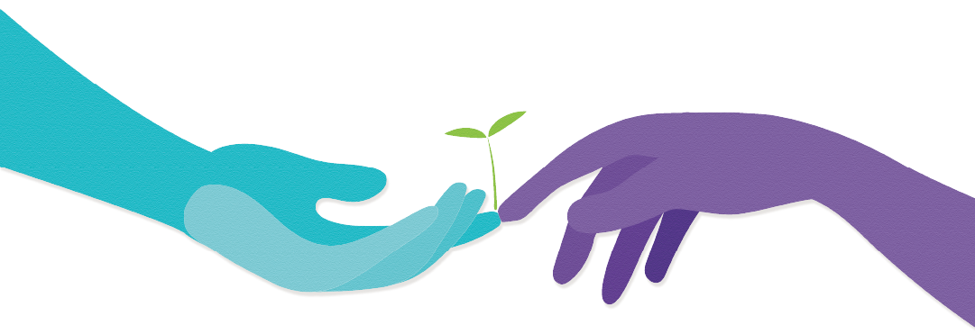 Two hands reaching out to each other, and a sprout growing from where the two fingers touch.