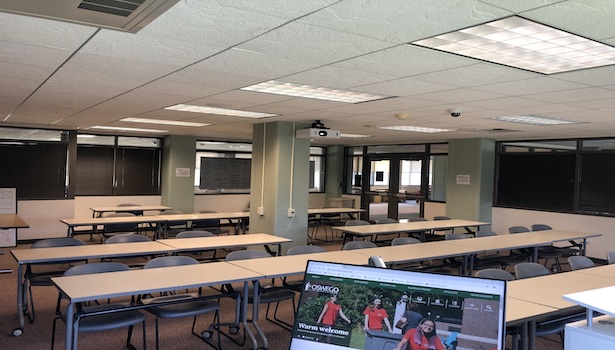 Photo shows the classroom from the podium perspective. 