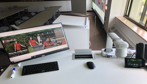 Photo of the classroom podium including the monitor, document camera and PC. 