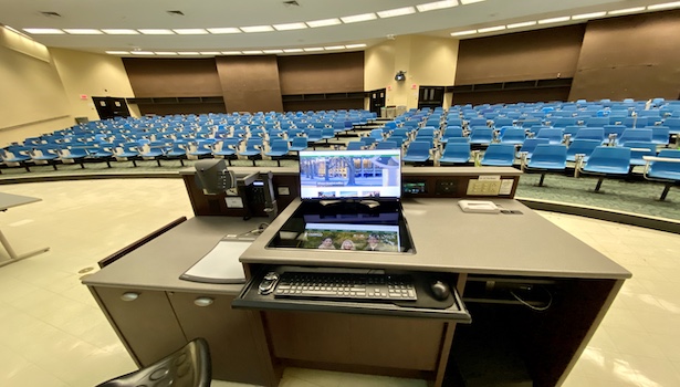 Photo of the podium in the classroom including the podium PC/Touch Panel & Doc cam 