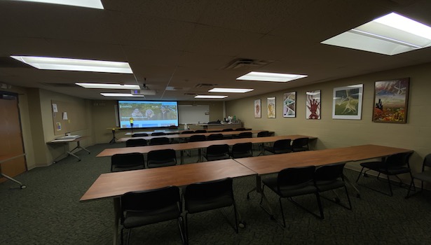 Photo of the back of the classroom from the center of the room. Including the projector screen, student seats and podium