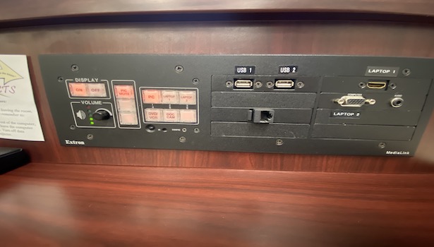 Photo is of the Extron panel and laptop connections in this classroom. 