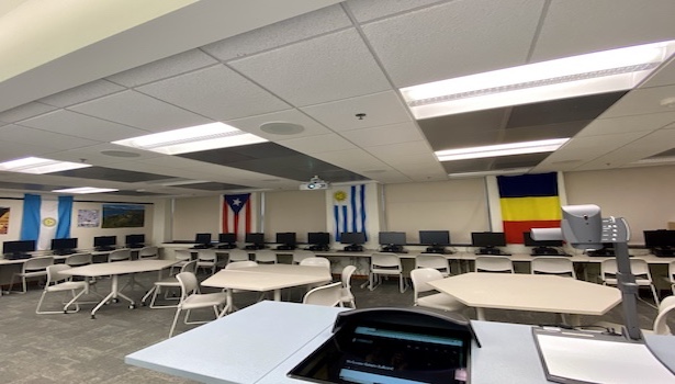 This photo shows a majority of the classroom from the podium perspective. 