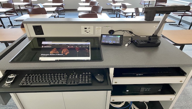 Photo of the podium in the classroom including the podium PC/Touch Panel & Doc cam 