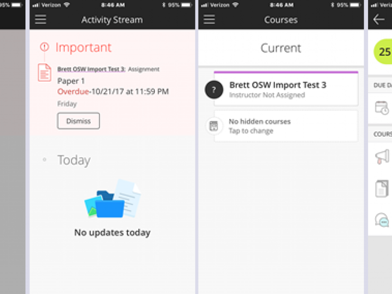 Blackboard mobile app menu featuring activity stream, courses, and test scores.