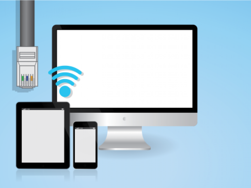 network cable with desktop computer, phone, tablet and wifi symbol