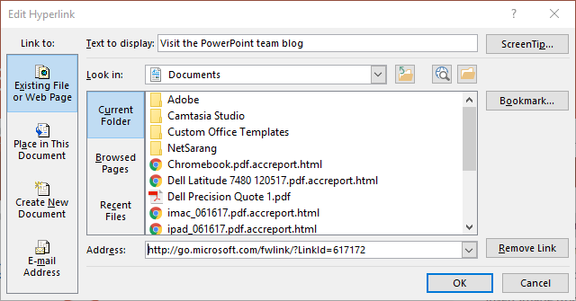 Microsoft Powerpoint hyperlink menu.