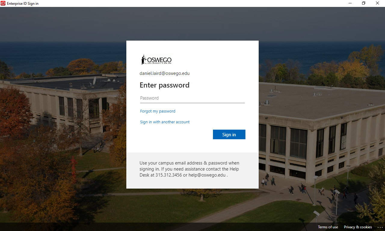 oswego branded page asking you to enter your password