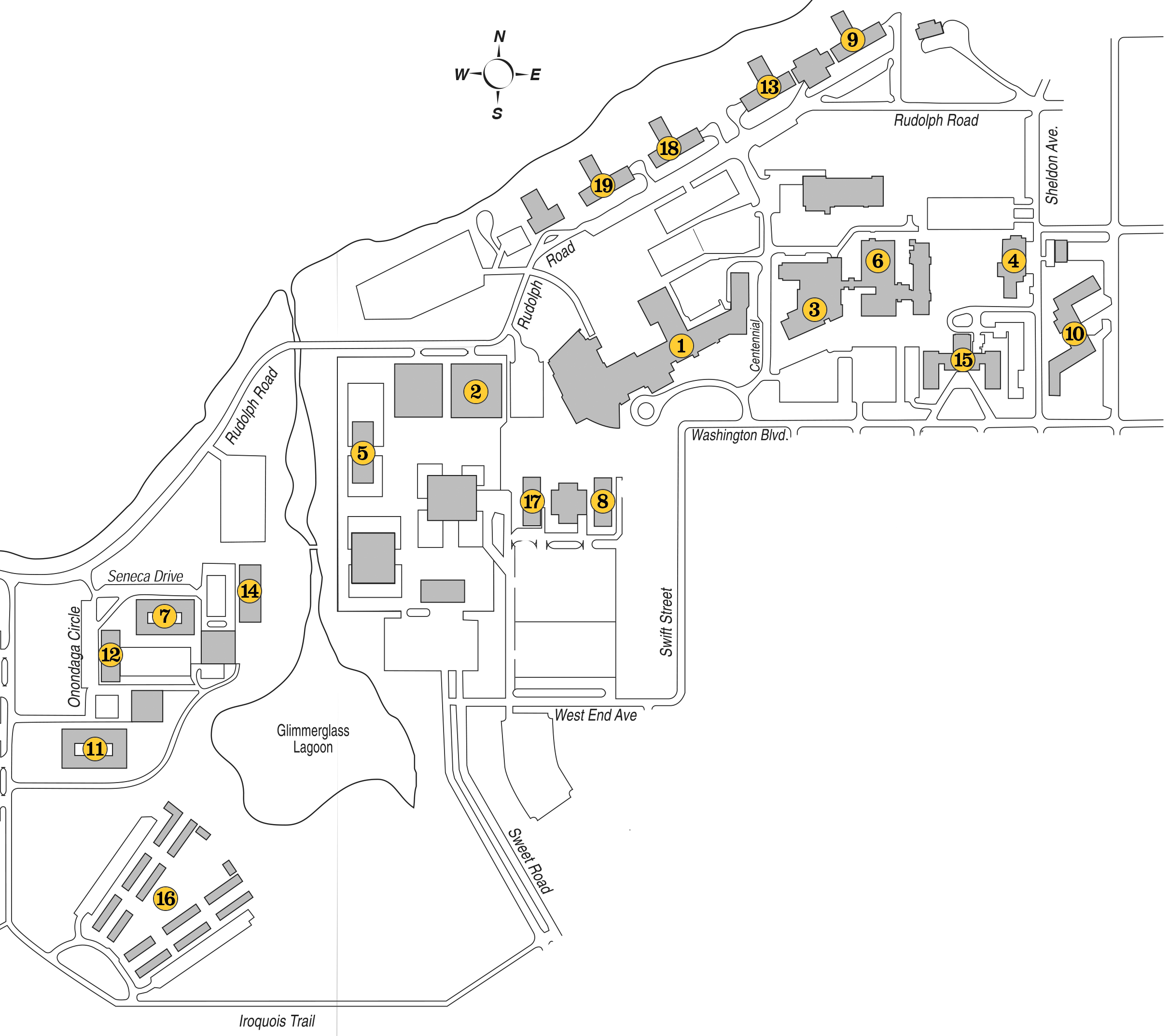 campus map with numbered locations of each LakerPrint station