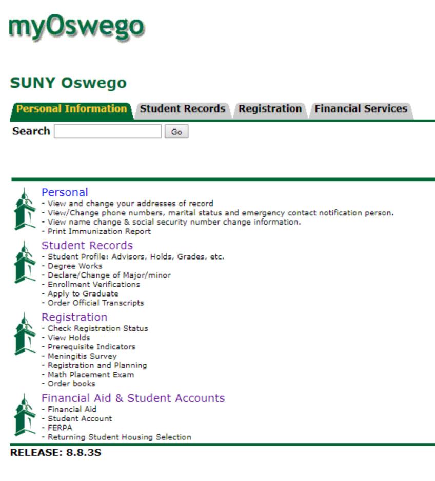 Main menu of myoswego application
