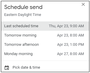 Gmail send email scheduling options.