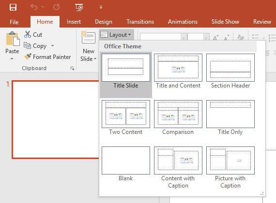 Microsoft Powerpoint slide layout menu.