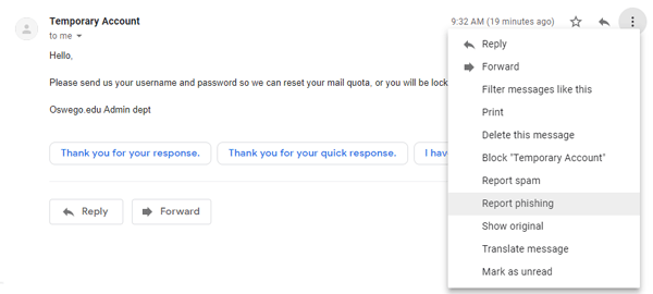 Gmail email message menu with report phishing option