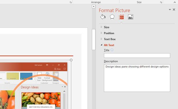 Microsoft Powerpoint format picture menu with alt text menu. 
