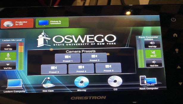 Photo of the first touch panel in the room on the podium cart. Showing all of the different input selections. 