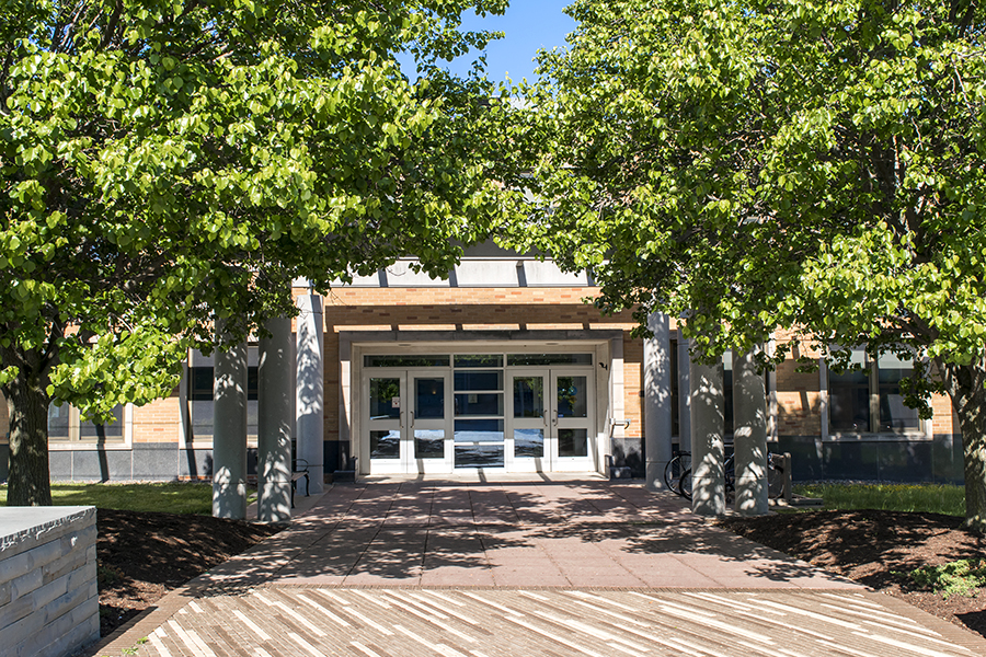 Poucher Hall, trees in front