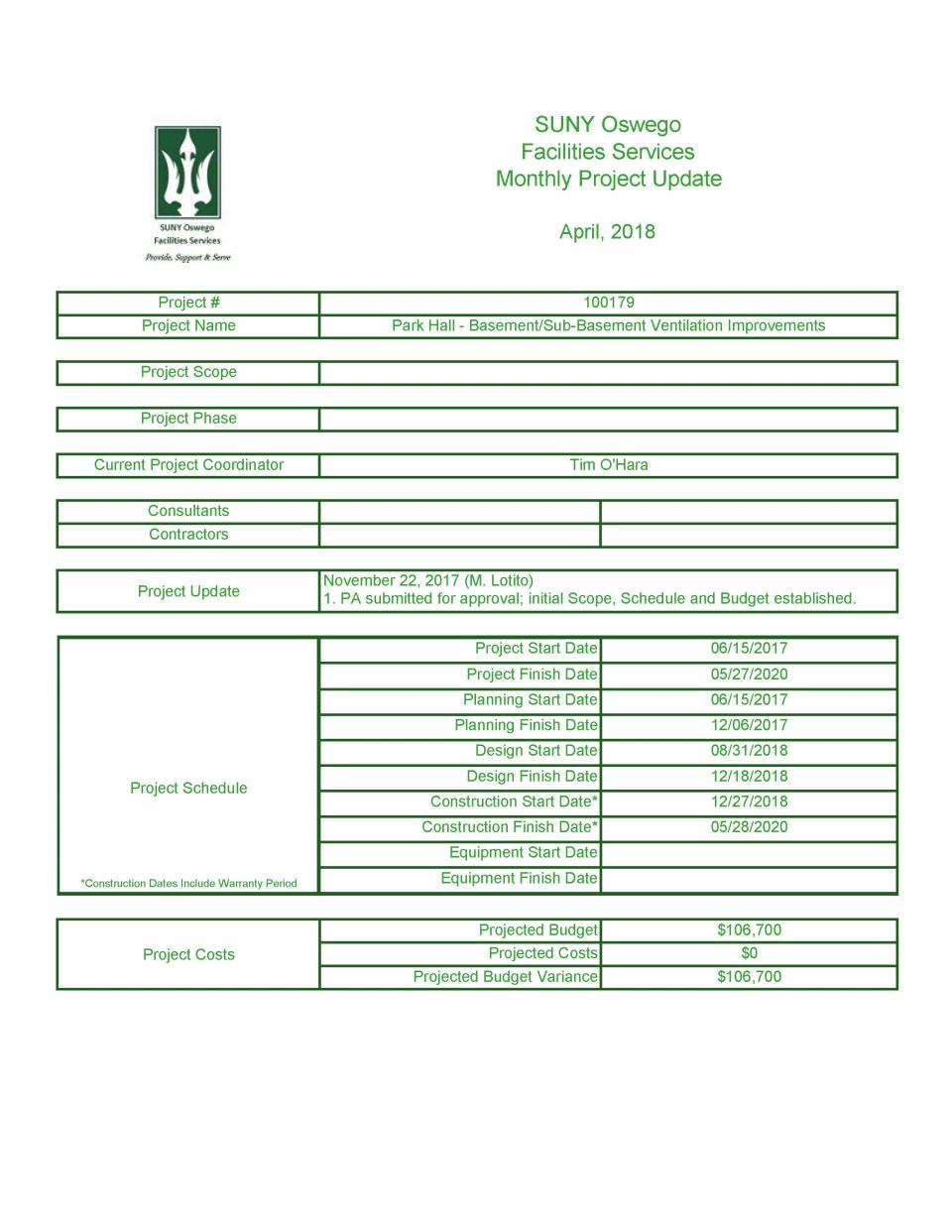 April 2018 Project 100179 - Park Hall Basement Ventilator Improvements