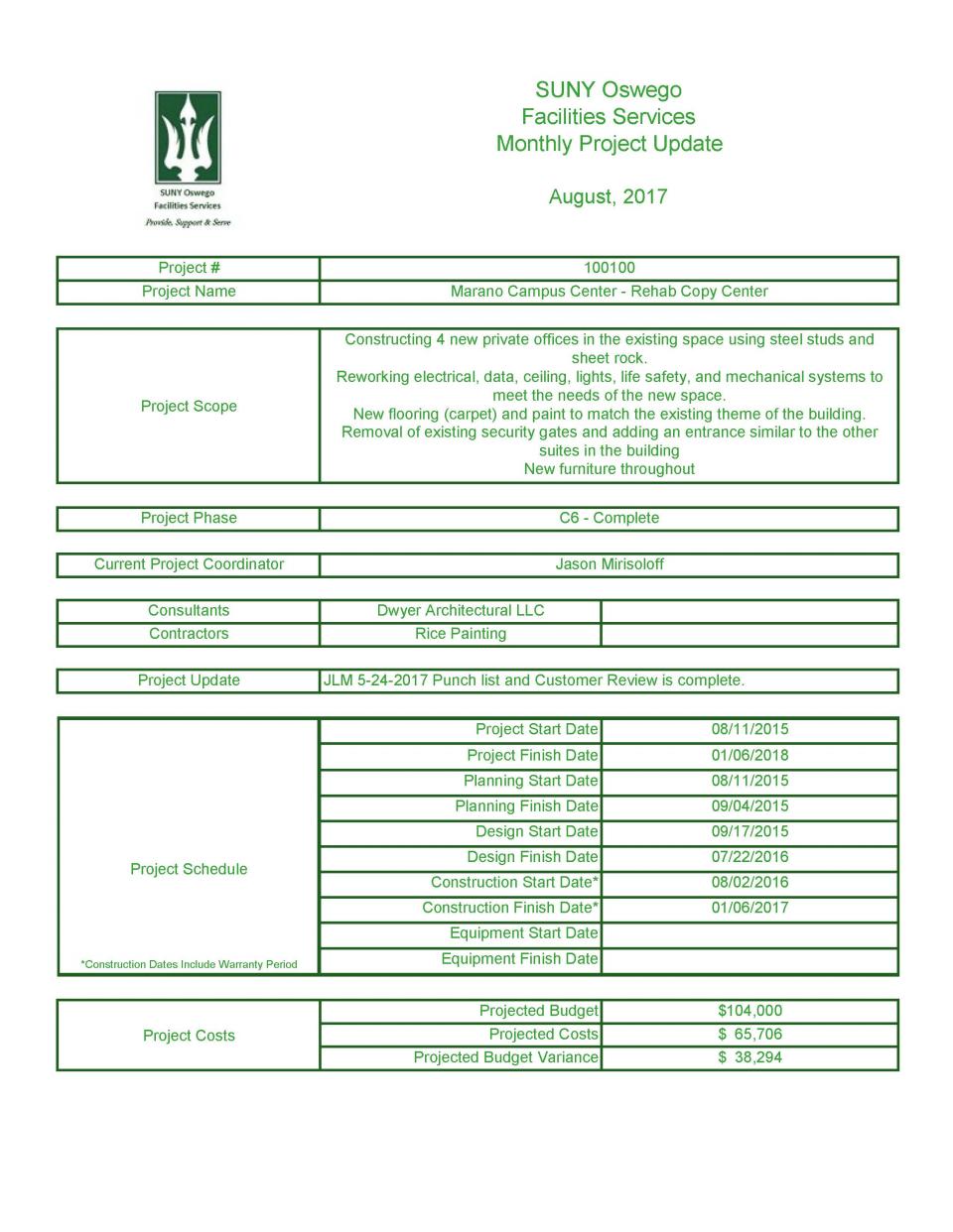 August 2017 Project 100100 - Rehab Copy Center