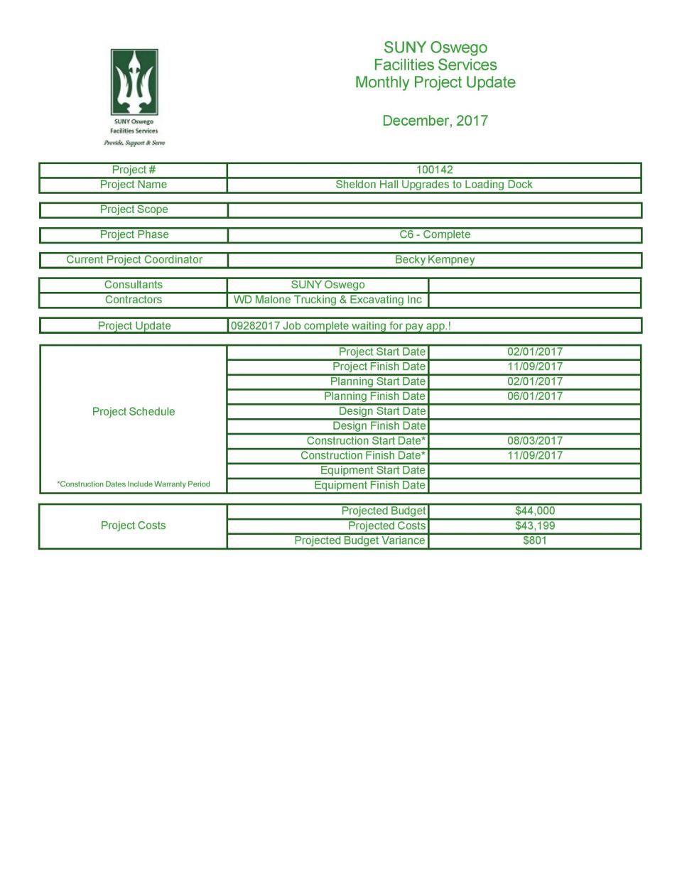 December 2017 100142 - Sheldon Loading Dock Upgrades
