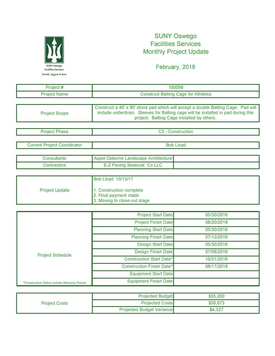 Construct Batting Cages for Athletics Facilities Services