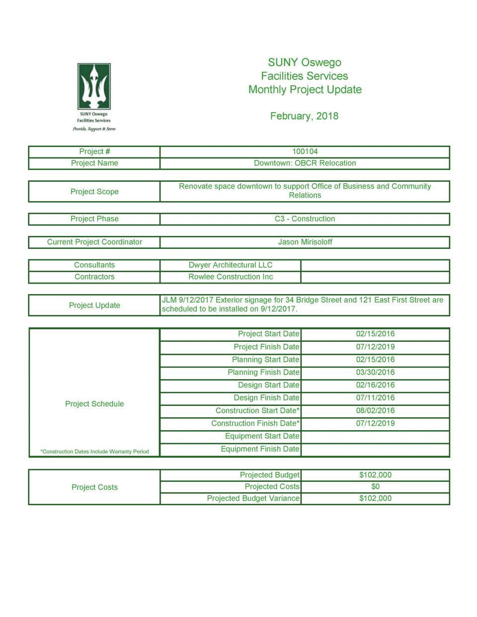 February 2018 Project 100104 - Downtown OBCR Relocation
