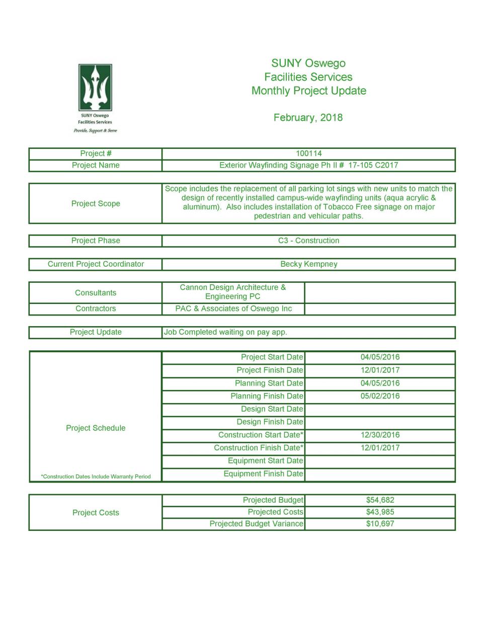 February 2018 Project 100114 - Exterior Wayfinding Signage Phase 2