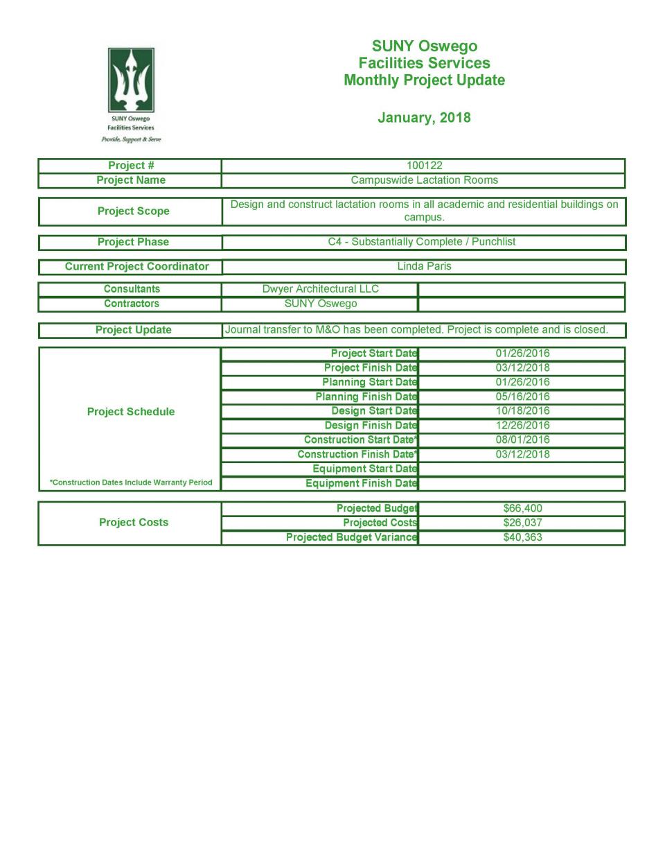 January 2018 Project 1000122 - Campuswide Lactation Rooms