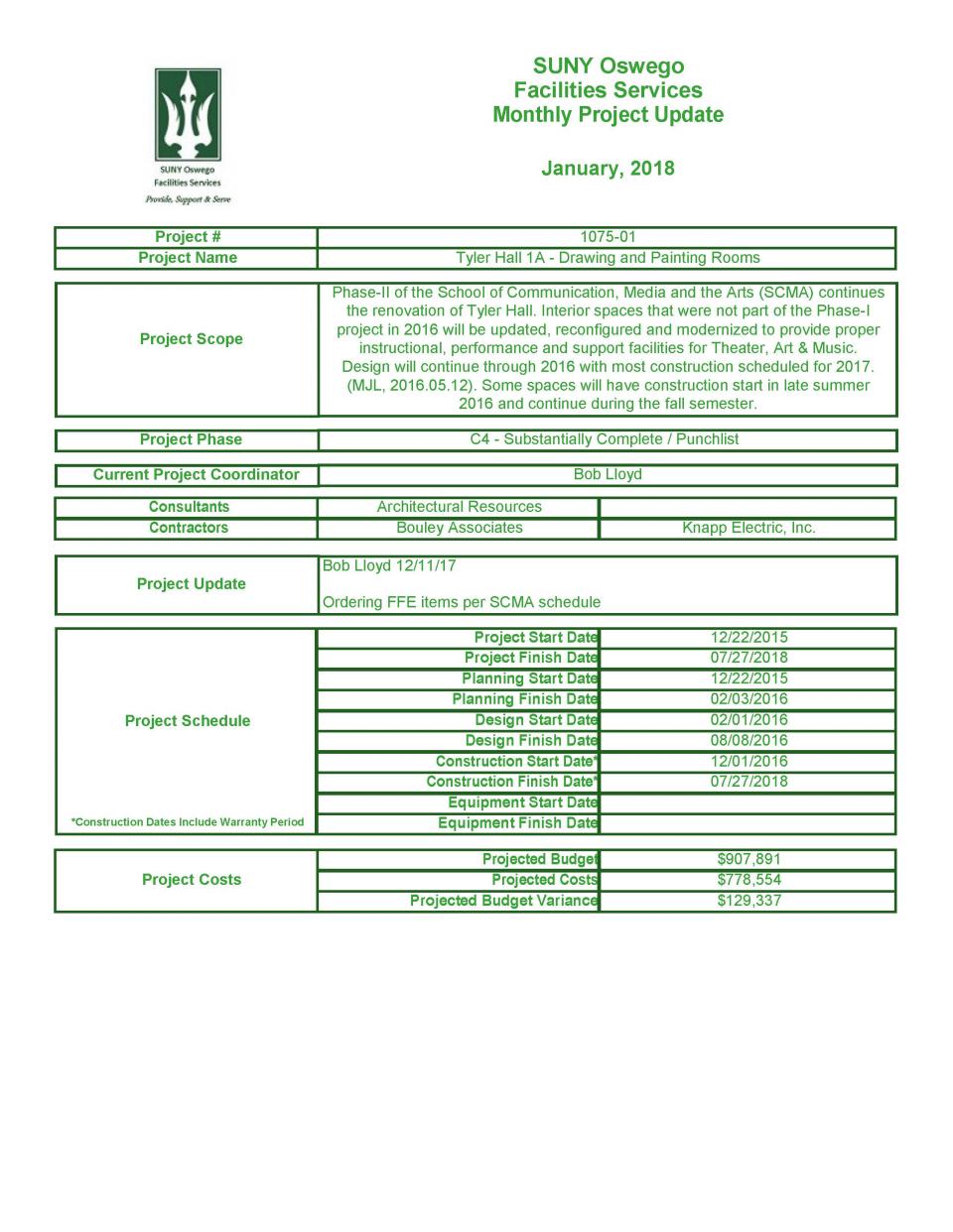 January 2018 Project 1075-01 - Tyler Hall 1A - Drawing & Painting Rooms