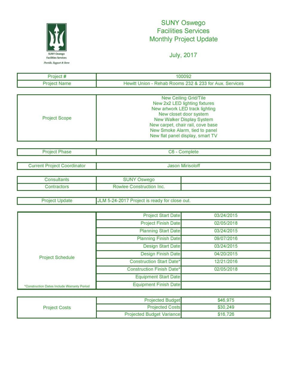 July 2017 Project 100092 - Rehab Hewitt 232 & 233