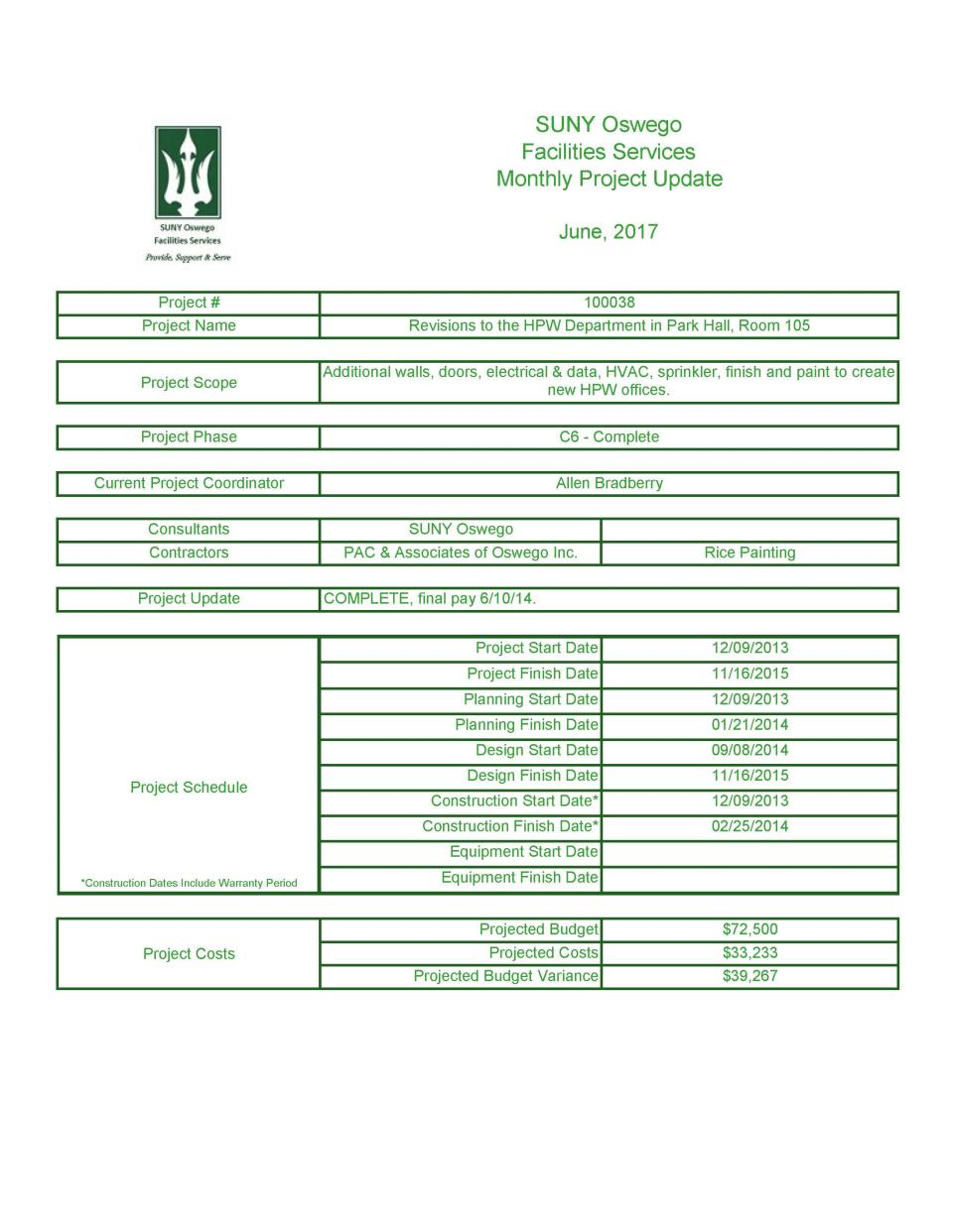 June 2017 Project 100038 - HPW Department, Park 105