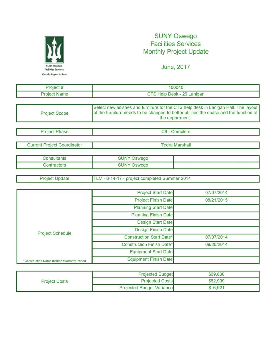 June 2017 Project 100040 - Rehab CTS Help Desk