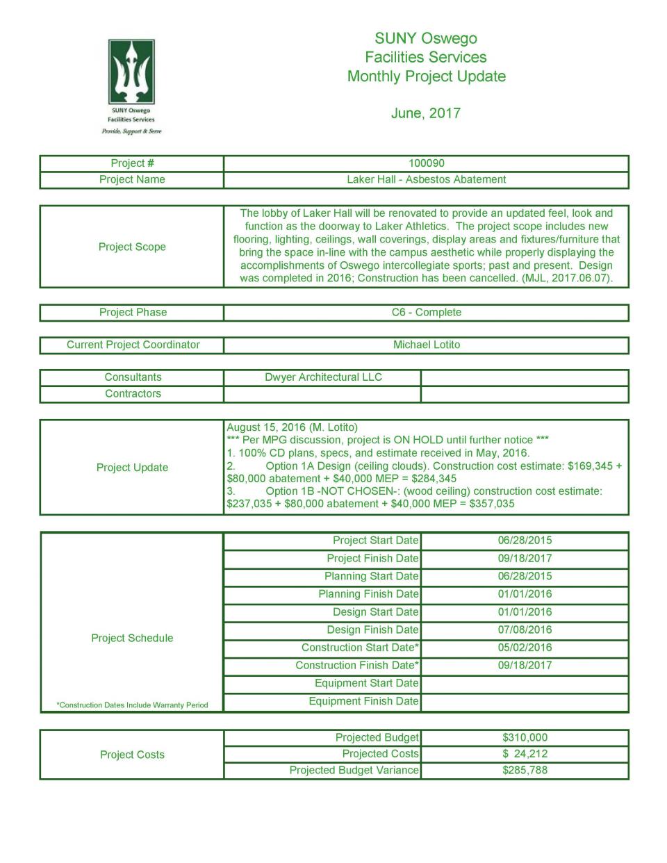 June 2017 Project 100090 - Laker Hall Asbestos Abatement