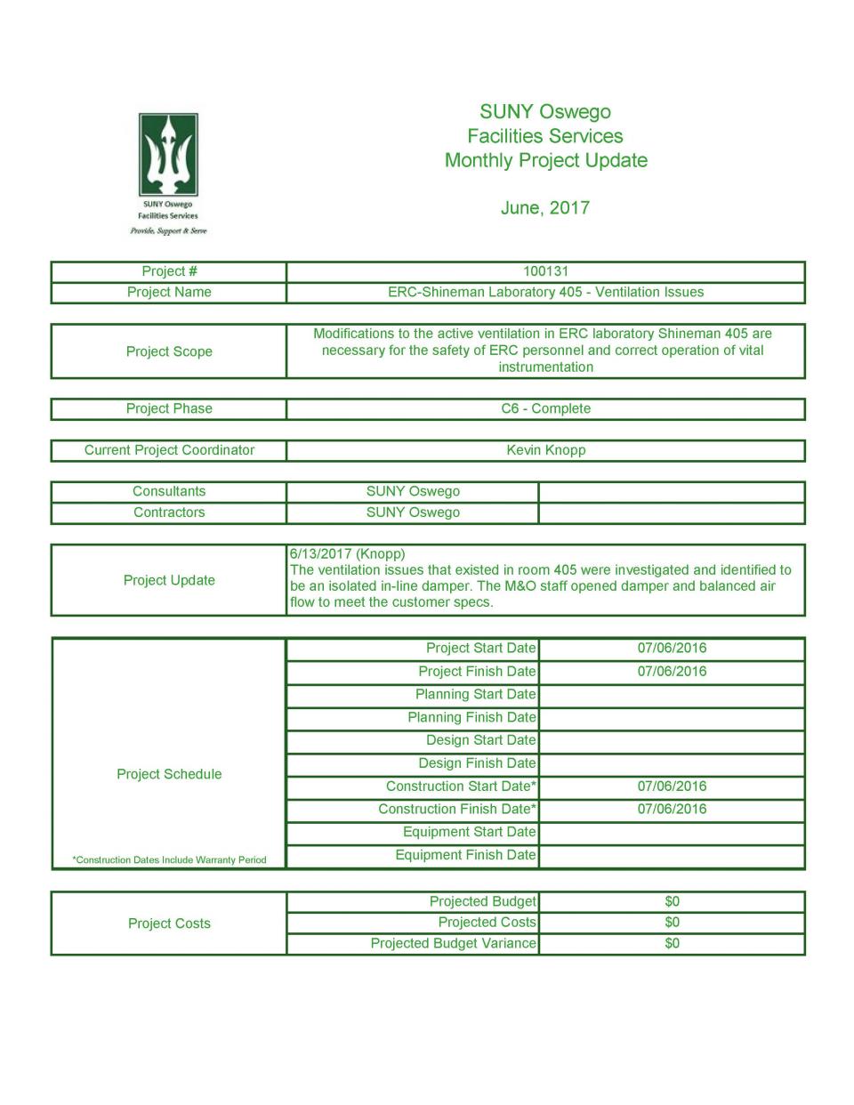 June 2017 Project 100131 - Shineman 405 Ventilation Issues