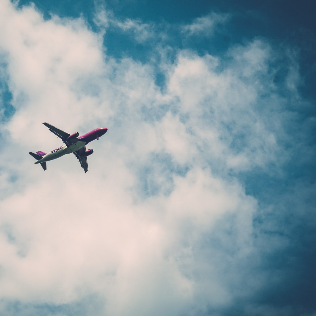 GRAPHIC: An airplane flying across the sky. ACTION: Education Abroad Student Handbook