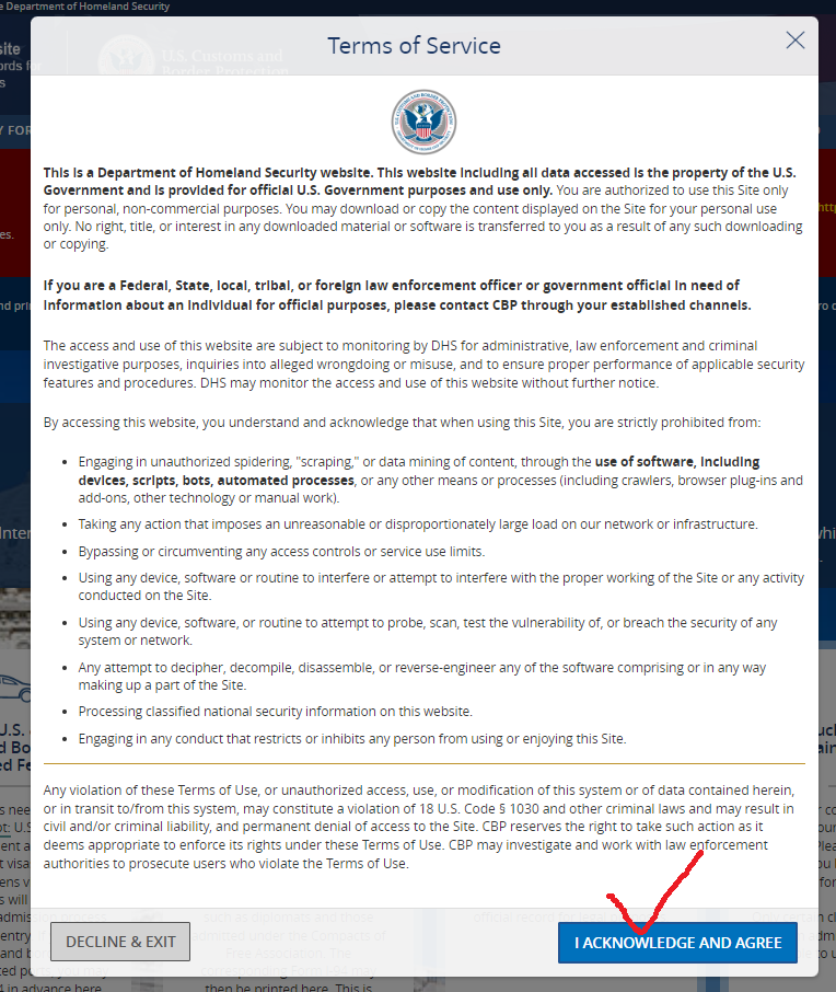 "Screenshot of the official U.S. Customs and Border Protection I-94 website with options including viewing travle history.