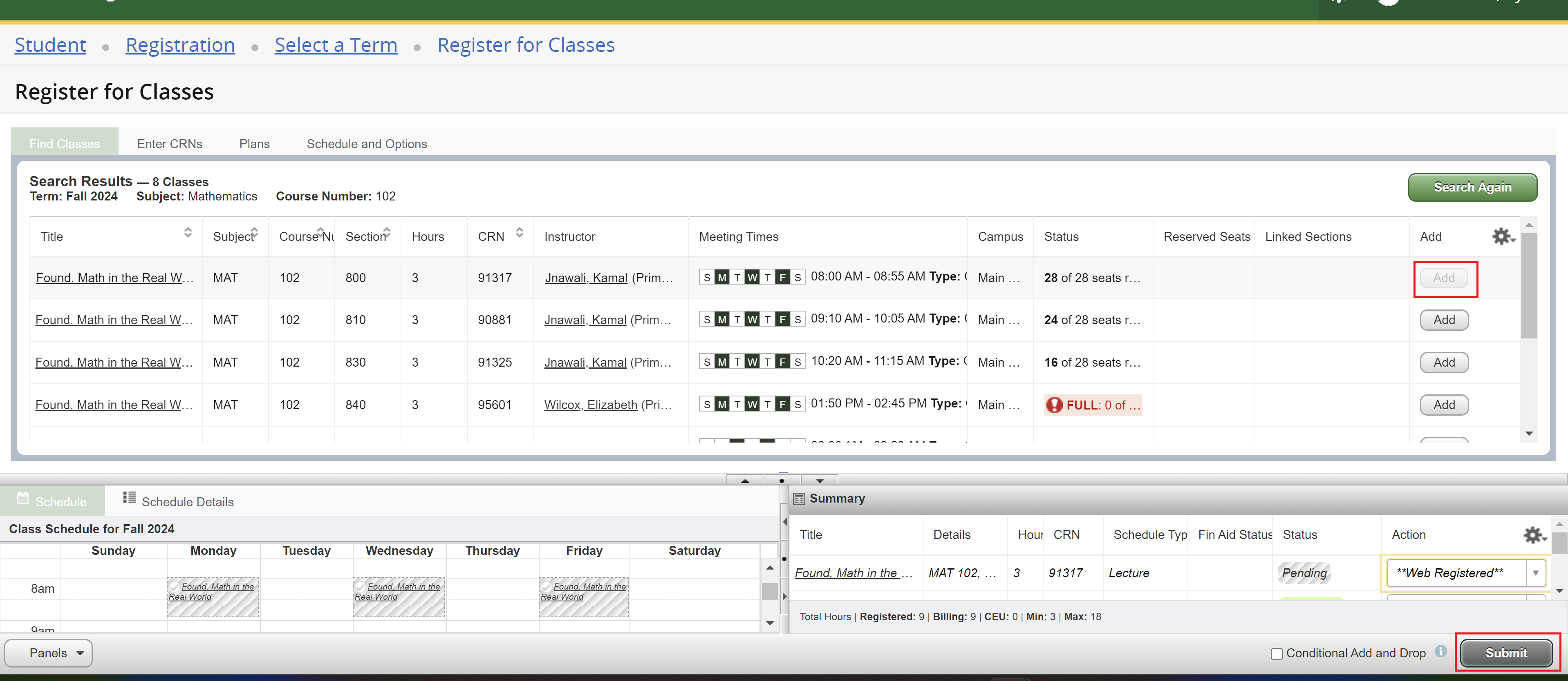 Screenshot of myoswego highlighting the &quot;add&quot; option and &quot;submit&quot; option