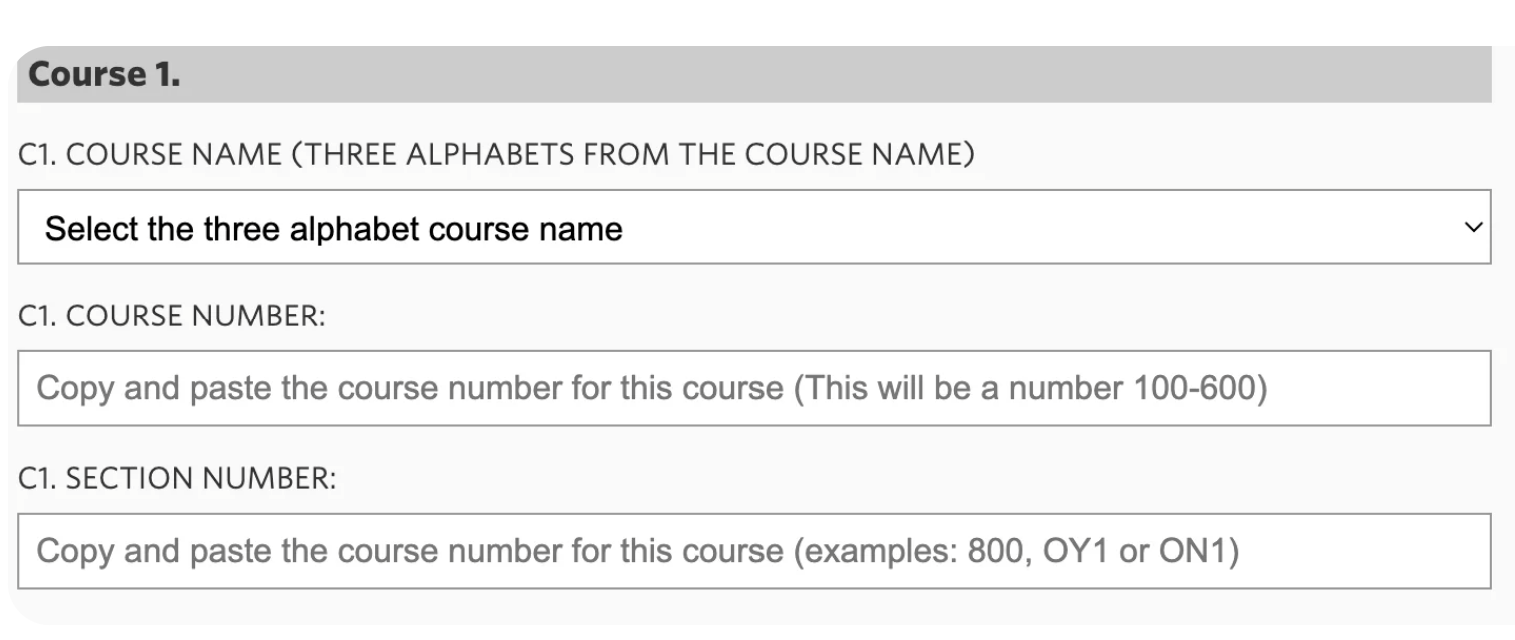 Class registration worksheet screenshot of course name, number, and section number
