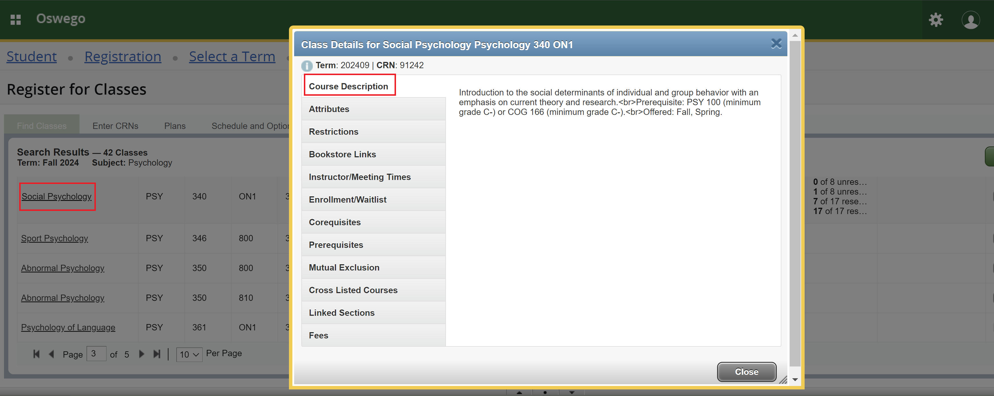 Screenshot of myoswego course details page