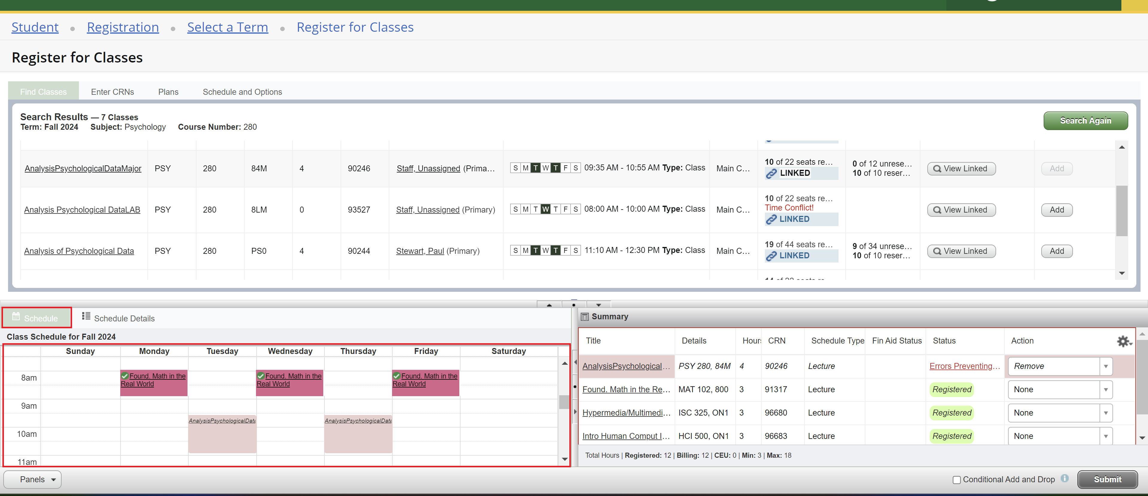 Screenshot of myoswego course registration highlighting the course schedule