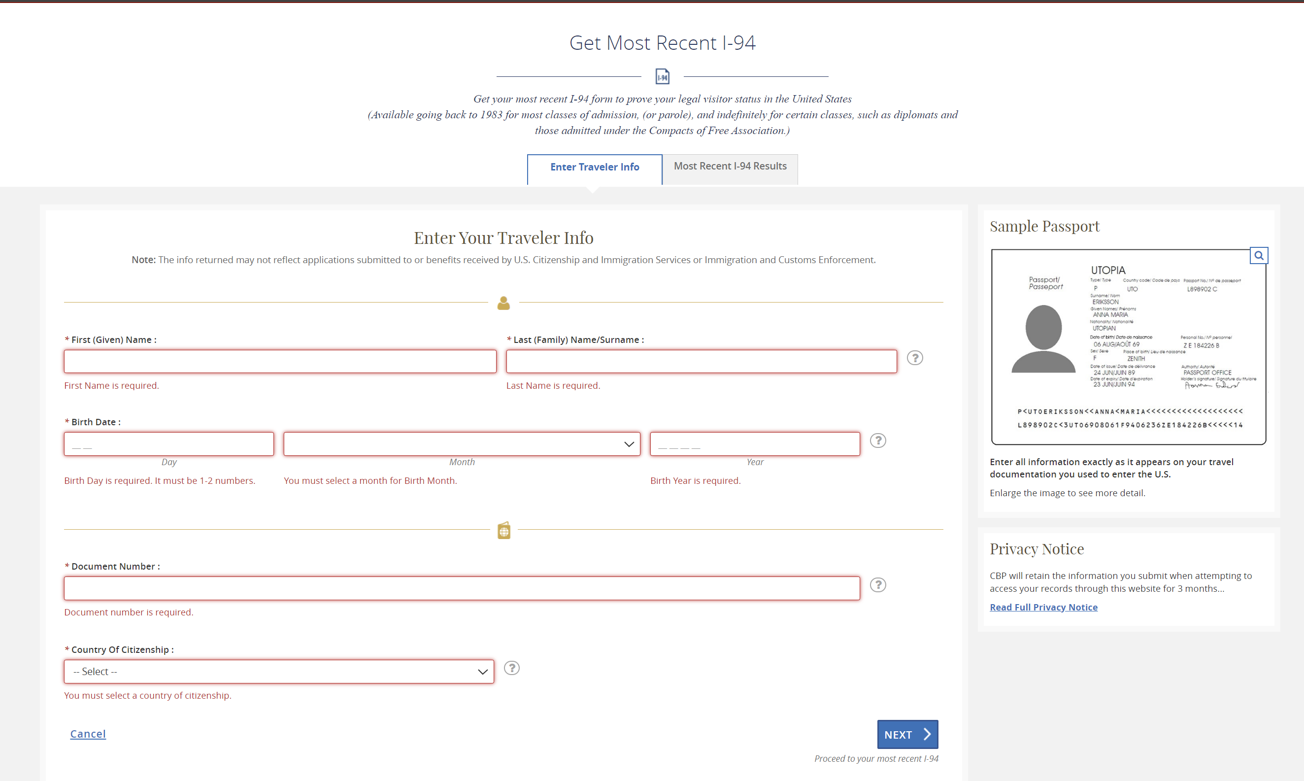 Screenshot of the 'Get Most Recent I-94' web form with fields for personal details and a sample passport for reference.